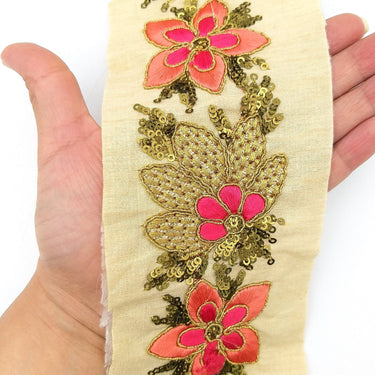 Beige Silk Fabric Trim, Peach, Pink & Gold Floral Embroidery Indian Sari Border Trim By Yard Decorative Trim Craft Lace